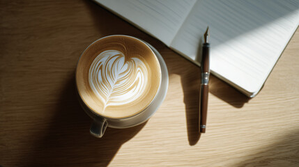 Cup of coffee with heart-shaped latte art beside an open notebook and pen on a wooden table.