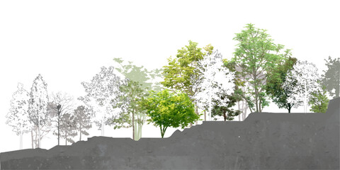 CAD Drawings. Minimal style cad tree line side view, set of graphics trees elements outline symbol for architecture and landscape design drawing. Vector illustration. © xue