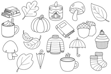 Autumn elements Outline Leaves Line Art Fall doodle outline Cute autumn season © YQvibe Studio