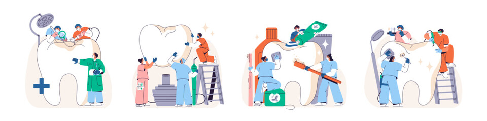 Dental care and oral hygiene concept set. Dentists are brushing and whitening teeth, do treatment of caries and installation of tooth implant. Flat isolated vector illustrations on white background.