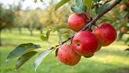 Red Apples on tree branch in garden, Red Apple hanging on tree in natural background