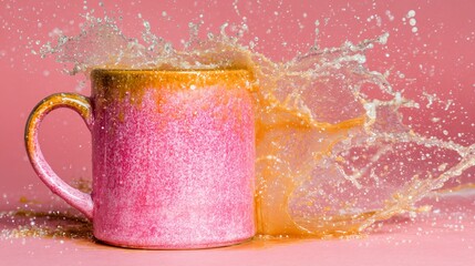 Vibrant pink mug erupts with dynamic liquid splash creating an energetic and exciting beverage moment