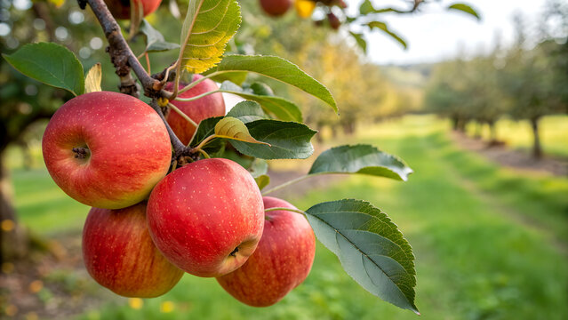 Red Apple hanging on tree in garden, Red Apple on tree in natural background