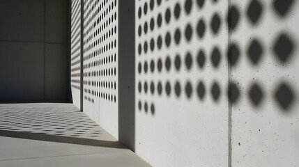 Obraz premium Geometric patterns cast by sunlight through perforated panels create an interplay of light and shadow on a building's exterior.