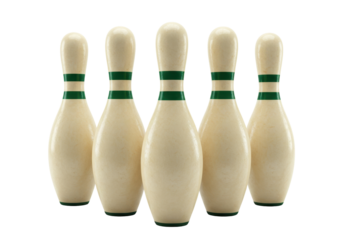 Isolated classic group of five bowling pins, sports equipment, standing up, traditional