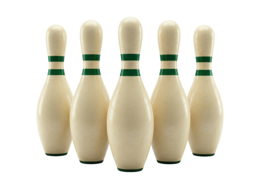 Isolated classic group of five bowling pins, sports equipment, standing up, traditional