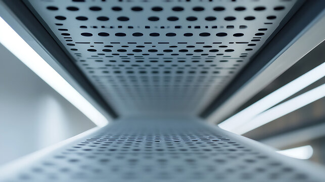 Perforated metal ceiling with geometric patterns and linear lighting, creating a modern and minimalist architectural design. Interior details.