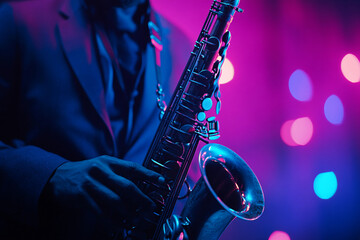 Fototapeta premium Generative AI Image of a Jazz Performer Playing a Saxophone in a Vibrant Atmosphere