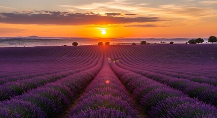 Serene lavender field basking under vibrant sunrise sky horizon