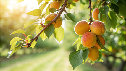 Apricot on tree in garden, Apricot hanging on tree in natural warm sunlight background