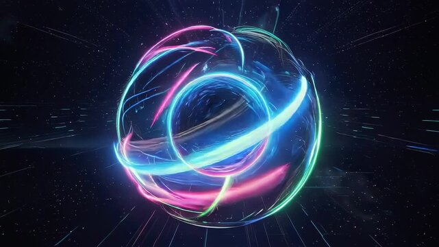 Abstract Glowing Energy Sphere with Neon Light Trails in Digital Space.