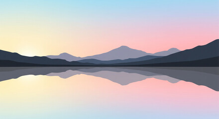 minimalist wallpaper, mountain sunrise, flat design, nature background, pastel landscape, lake reflection, sunrise art, calm wallpaper, mountain view, aesthetic background