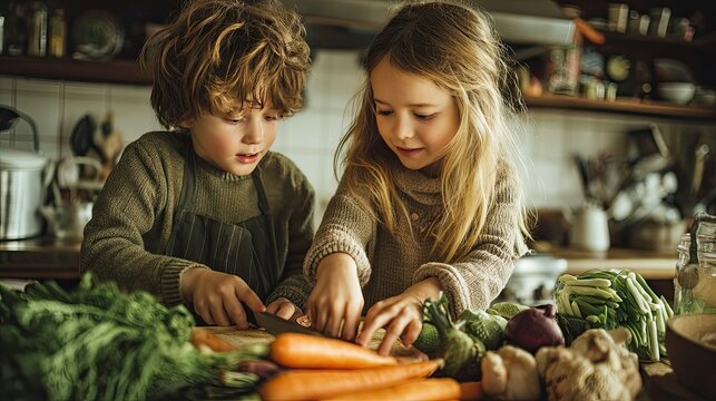Children collaborating to make healthy dishes at home