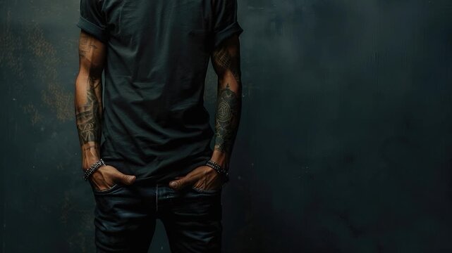 video A person wearing a black T-shirt and casual clothes, standing relaxed with hands in pockets