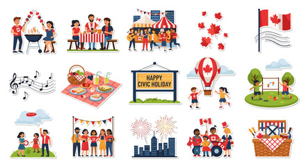 A vibrant illustration depicts a collection of scenes celebrating Canadian culture and Civic Holiday, featuring families, picnics, flags, fireworks, and festive gatherings in a colorful and cheerful