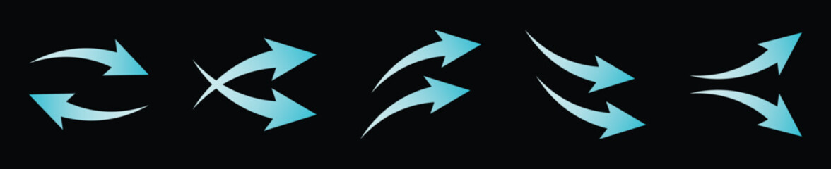 blue air flow arrows set showing wind direction and ventilation. fresh cool air stream from air conditioner. air circulation and cooling concept vector illustration on black background. wavy air flow