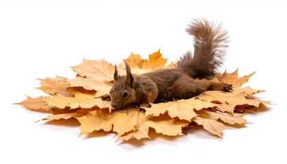 A charming squirrel playfully resting on a pile of autumnal leaves, captured on a pure white background, evoking a sense of whimsical nature