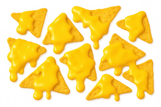 Nacho tortilla chips with melted cheese dripping, delicious snack or appetizer, transparent background