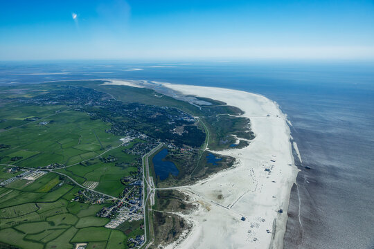 Aerial view of German coastline with long wide beaches. Sankt Peter Ording, Germany