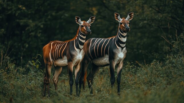 Two Okapis in a dense forest. Possible stock use wildlife photography