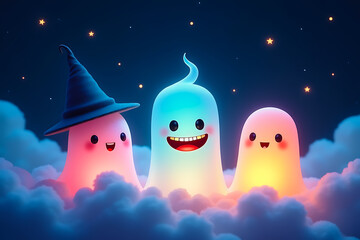 Colorful Halloween Ghosts in the Night Sky