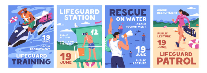 Set of lifeguard on the water event poster designs. Advertising templates of life guard at sea, first aid and help. Layouts of safety on beach, rescue of drowning people. Flat vector illustrations.