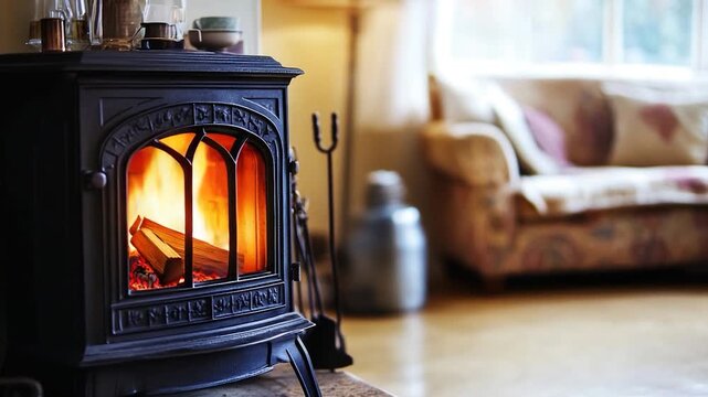 A cozy living room with a wood burning stove as the centerpiece, perfect for cold winter nights
