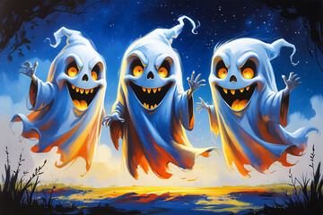 Three Spooky Ghosts on Halloween Night