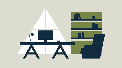 Fototapeta premium A minimalist illustration of a workspace with desk computer chair and triangular window design style