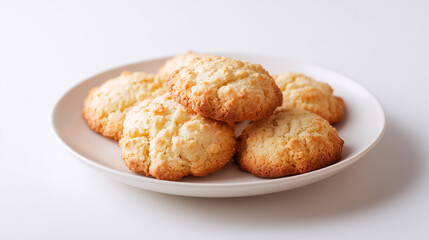 白い皿に山盛りにされた、こんがりと焼かれた美味しそうなココナッツクッキー