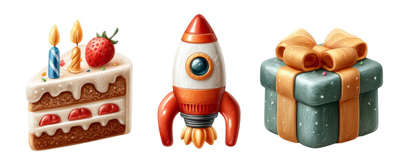 Colorful Cake, Rocket, and Gift Box Illustrations on Transparent Background