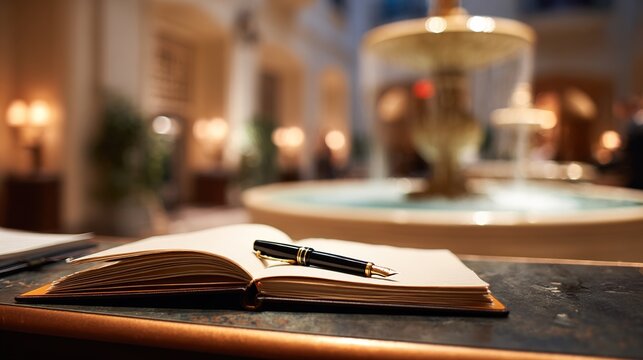 guestbook. Open leather-bound guestbook on a counter with a fountain pen, classic and elegant. lifestyle magazines, social media lookbooks, designed for lifestyle magazines and social media content.