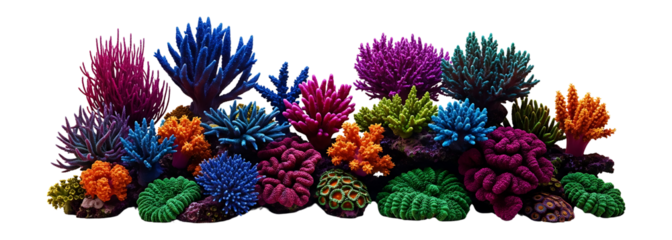 Vibrant colorful coral reef cluster isolated on transparent background