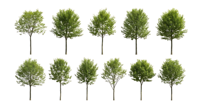 Collection of stylized green trees isolated on transparent background