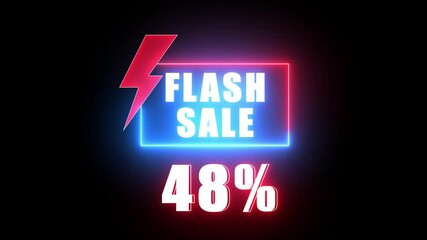 Bright neon flash sale sign with 48 percent discount glowing on black backdrop percentage offer