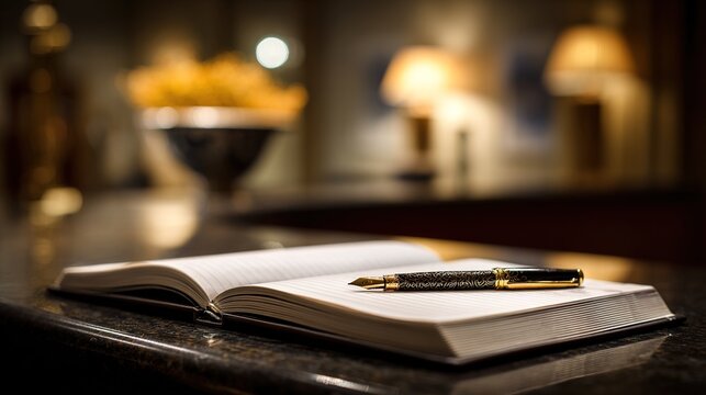 guestbook. Open leather-bound guestbook on a counter with a fountain pen, classic and elegant. lifestyle magazines, social media lookbooks, designed for lifestyle magazines and social media content.