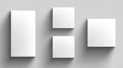 Minimalist white rectangular and square panels on light grey wall with soft shadows representing balance structure layout and modern visual design