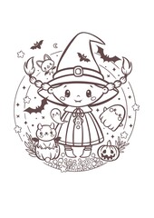 Cute little witch Halloween coloring page, kawaii line art illustration for kids
