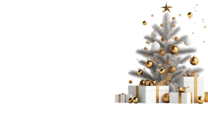 Elegant White and Gold Christmas Tree with Gifts on Transparent Background