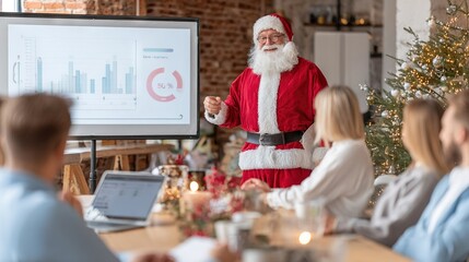 Santa Claus presenting business charts in festive office meeting symbolizing leadership, teamwork, and holiday season motivation in corporate environment