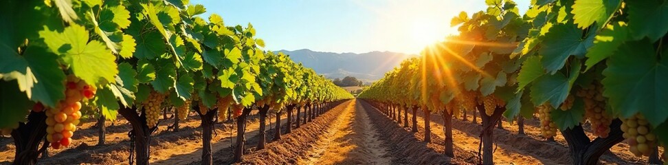 Naklejka premium Sun-Drenched California Grape Vines Lush Green Leaves and Ripe Grapes Under a Clear Blue Sky. A Picturesque View of Abundant California Agriculture.