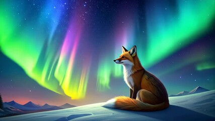 Red Fox Gazing at the Vibrant Northern Lights in a Winter Wonderland. - Powered by Adobe