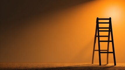 Minimal black ladder standing under warm orange spotlight on empty background symbolizing ambition, growth, opportunity, and personal or career elevation