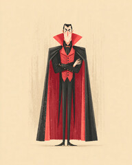 Vampire's Elegant Presence: An illustrated figure of a vampire, showcasing his iconic attire and intense gaze against a neutral background, evoking a sense of mystery and the timeless charm.