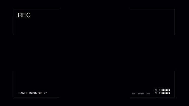 Video camera recorder screen overlay on a transparent background, Recording camera screen interface with alpha channel , Camera recording screen overlay.	