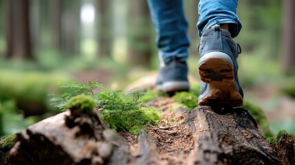Hiking on a forest trail with a focus on boots stepping over a log amidst lush greenery and natural light in a serene wilderness setting
