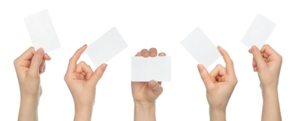 Set of human hand holding blank white business card isolated on transparent background