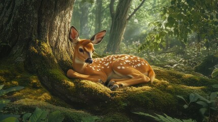 Fototapeta premium Fawn resting forest tree roots sunlit background nature illustration