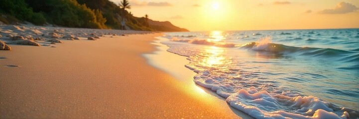 Golden Hour Sunlight on Pristine Sandy Beach Gentle Waves, Perfect for Travel and Vacation Websites, Brochures, and Magazines
