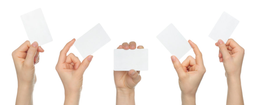 Set of human hand holding blank white business card isolated on transparent background